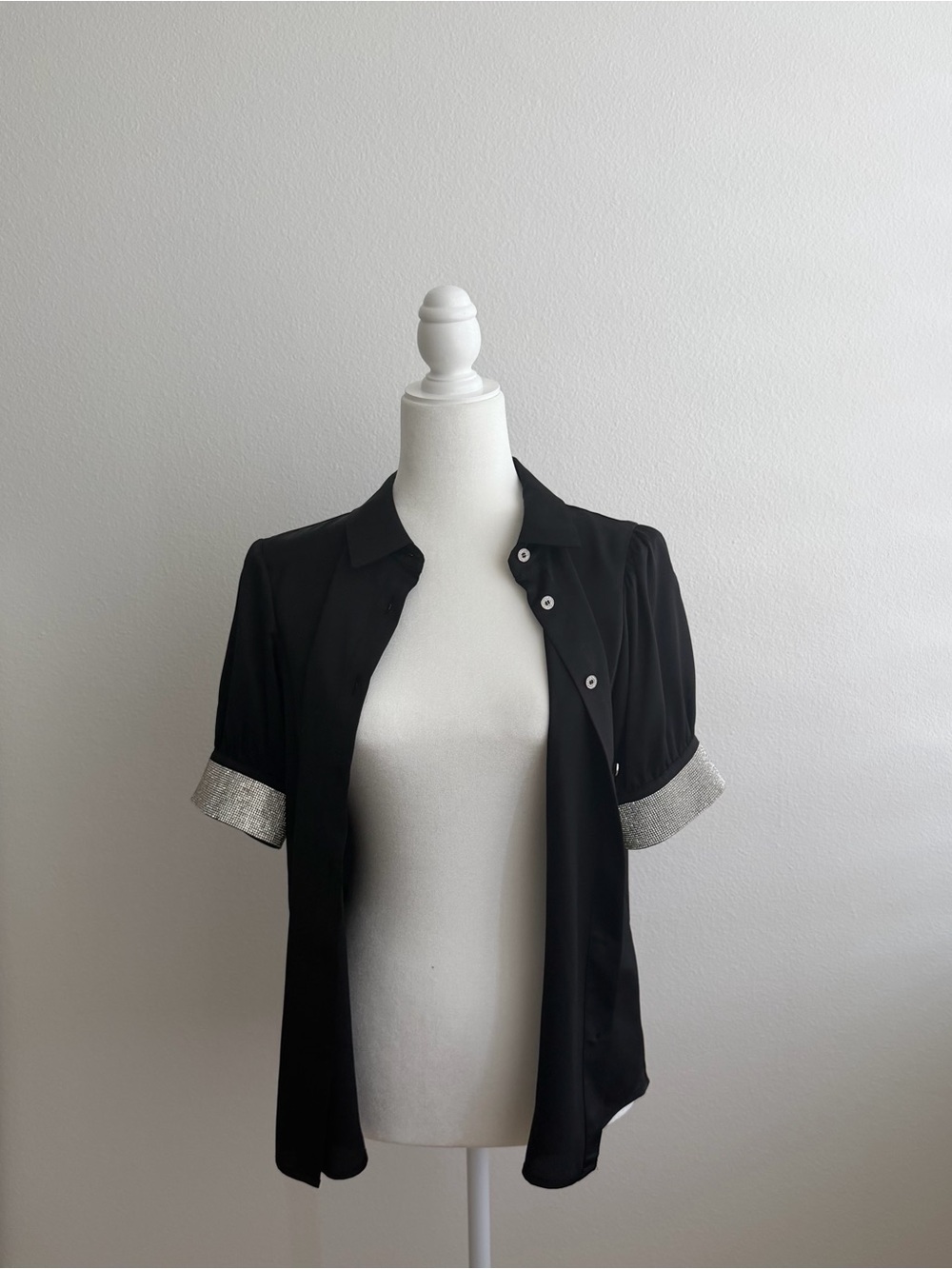 Karl Lagerfeld Paris Black Satin Rhinestone Cuff Blouse - Size Small - Picture 3 of 5